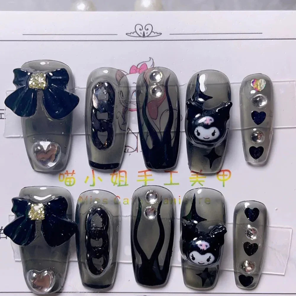 Cute Handmade Long Coffin Shape Fake Nail Kawaii Sanrio Hello Kitty Cinnamoroll Kuromi My Melody Detachable Nail Holiday Gift