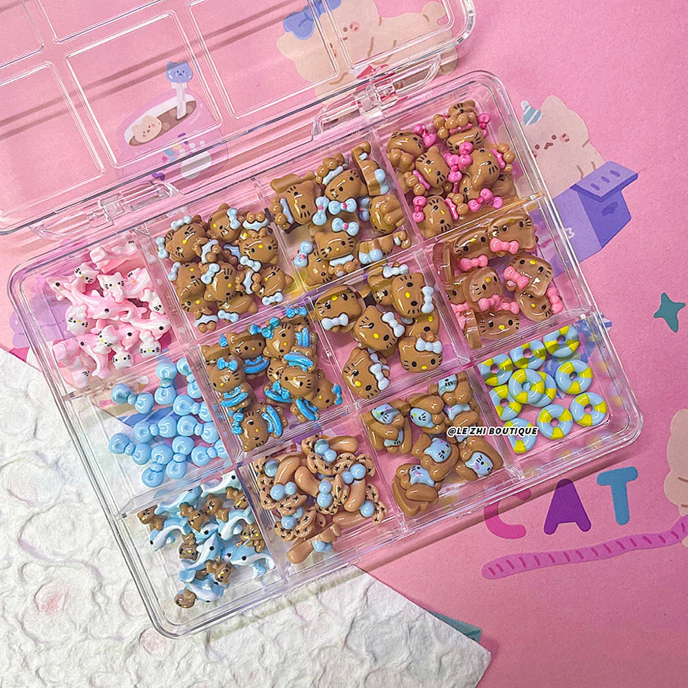 Boxed 120Pcs Kawaii Black Skin Sanrio Hello Kitty Nails Art Charms Accessories 3D Beach Bow Dolphin Resin Nails Decor Promotion