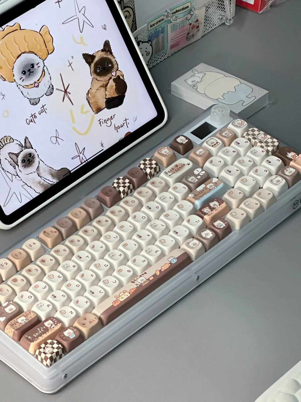 Siamese Bakery Keycaps Moa PBT Hot Sublimation Customized DIY Keycaps Cute Round Khaki 131keys Cute Cartoon Siamese Cat Keycaps