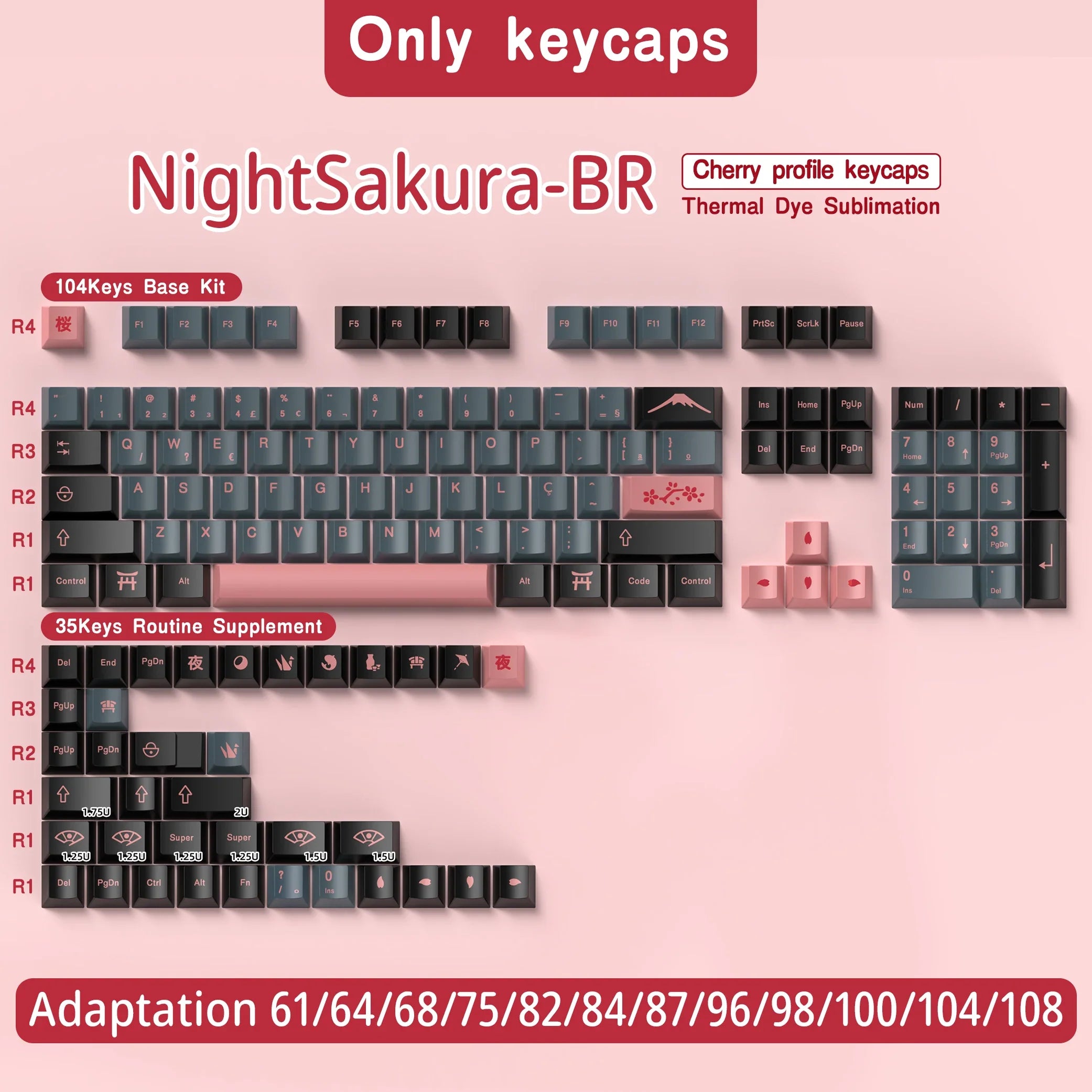 Abnt2 Keycaps Cherry Profile PBT Dye-Sub BR Keycaps Monster Red Samurai Blue Samurai For Mechanical Keyboard 7U Space bar