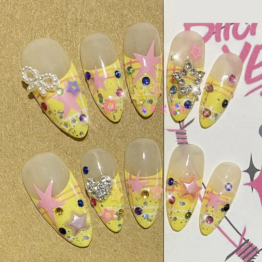 10Pcs Handmade Diy Cartoon Nail Art Hello Kitty Y2K 3D Flower Star Conch Shape Press On Nail Full Coverage Design Girls Gift