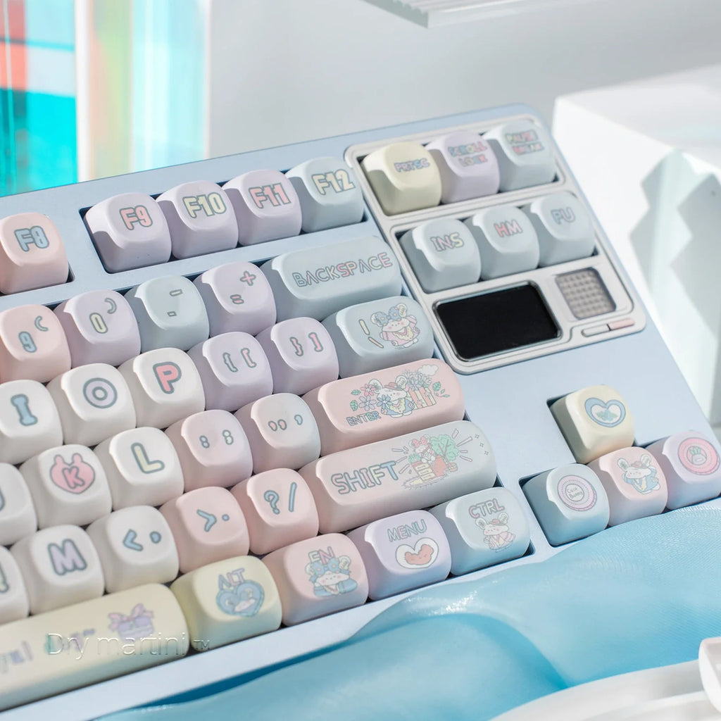 Peach Rabbit Theme Keycap PBT Thermal Sublimation Blue Pink Gradient Ball Cap 131Keys Cute Bunny Mechanical Keyboard Keycaps