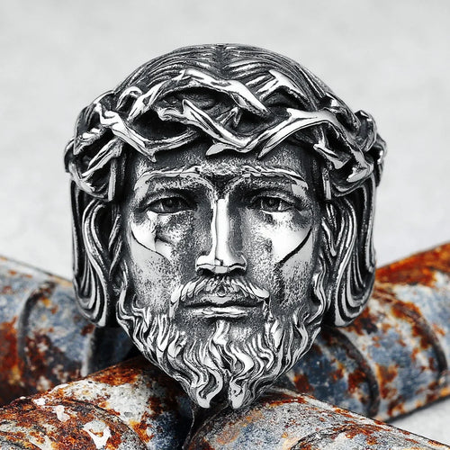 316L Stainless Steel Men Ring Christian Jesus Face Rings Religion Amulet Punk Rock for Male Biker Boyfriend Jewelry Best Gift