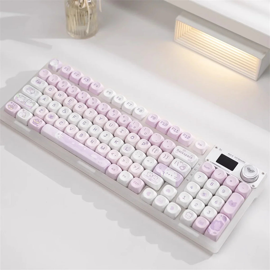 132 Keys Dye Sublimation PBT Keycaps Purple Cute Cat Themed MOT Profile Keycap for Gateron MOA MX Switches Mechanical Keyboard
