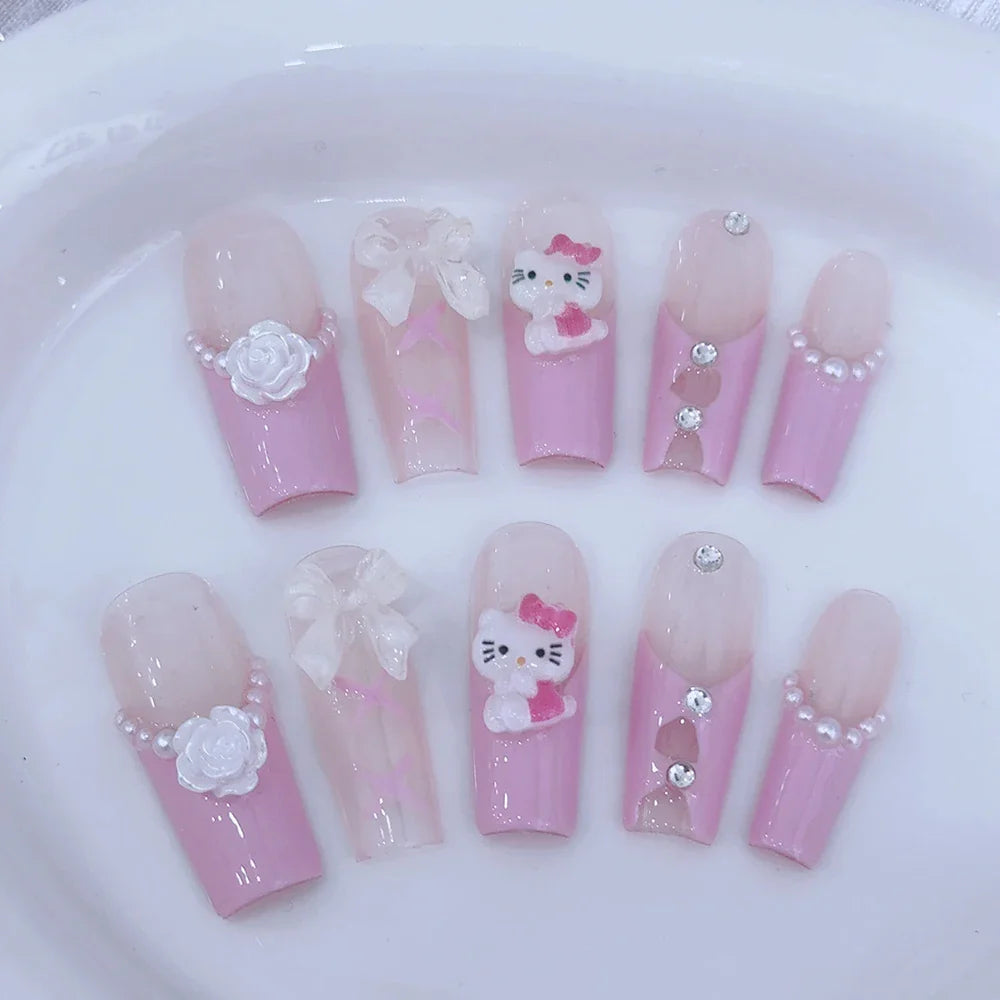 Sanrio Handmade French Press On Nails Hellokitty White Rose Cherry Girl Wearable Nail Tips Long Coffin Square Fake Nails Gift