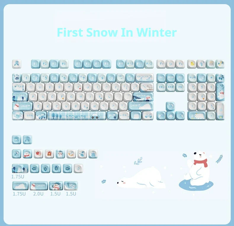 Winter First Snow Themed Keycap 127 Keys Oqo Profile Pbt Thermal Sublimation Mechanical Keyboard Blue Cartoon Cute Anime Keycap