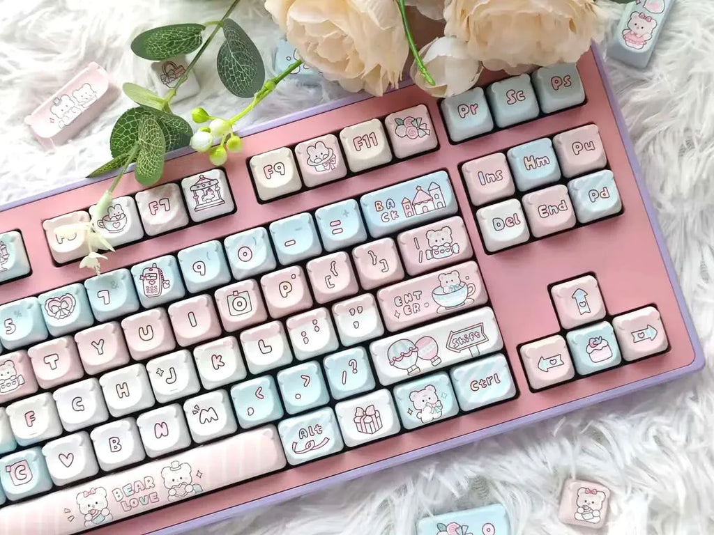 Cute Kawaii Bear Keycap EAO Pink Purple Expression Pbt For Diy Mechanical Keyboard Side Engraved Iso/Ansi Layout Cute Cat Keycap