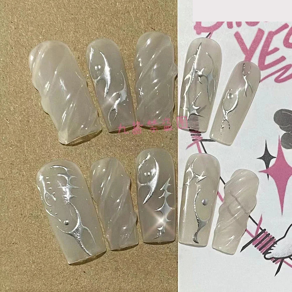 10Pcs Handmade Diy Cartoon Nail Art Hello Kitty Y2K 3D Flower Star Conch Shape Press On Nail Full Coverage Design Girls Gift