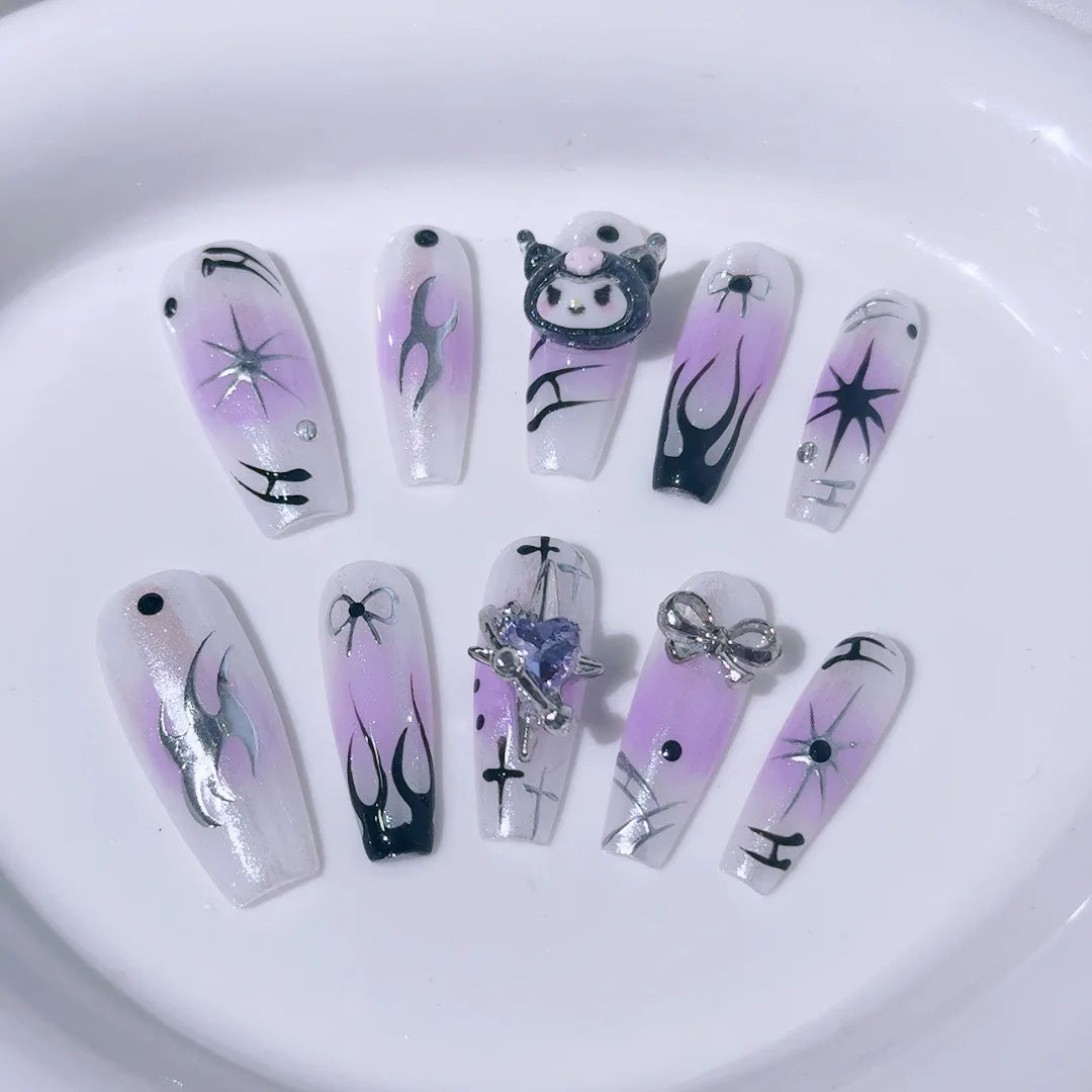 10Pcs Cute 3D Hello Kitty Kuromi Cartoon Handmade Nail Art Fashion Bow Luxury Diamond Detachable Full Cover Nails Holiday Gift