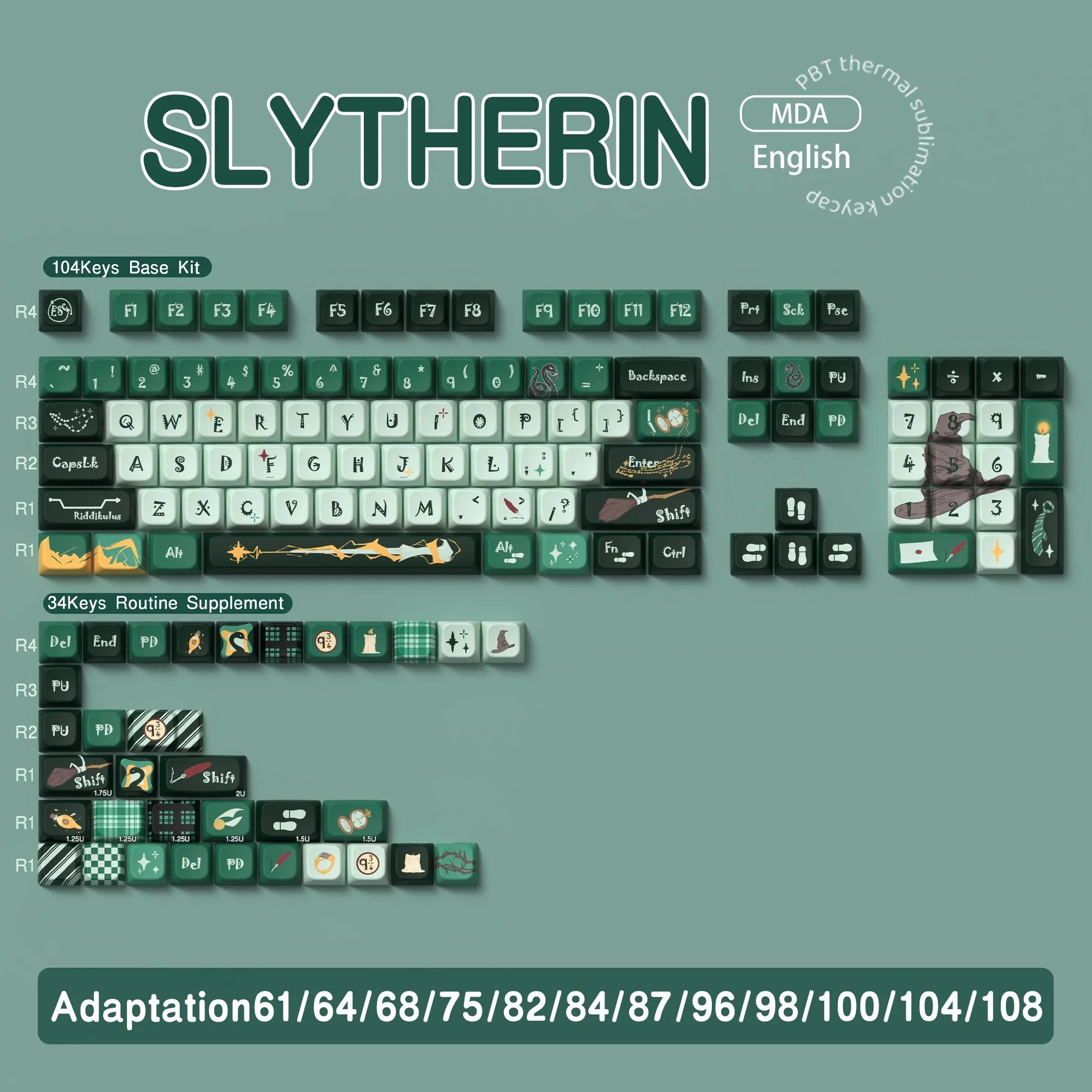 SLYTHERIN Theme Keycaps Cherry/MDA Profile Personalized Cartoon Keycap For Mechanical Keyboard with 7U and ISO key cap