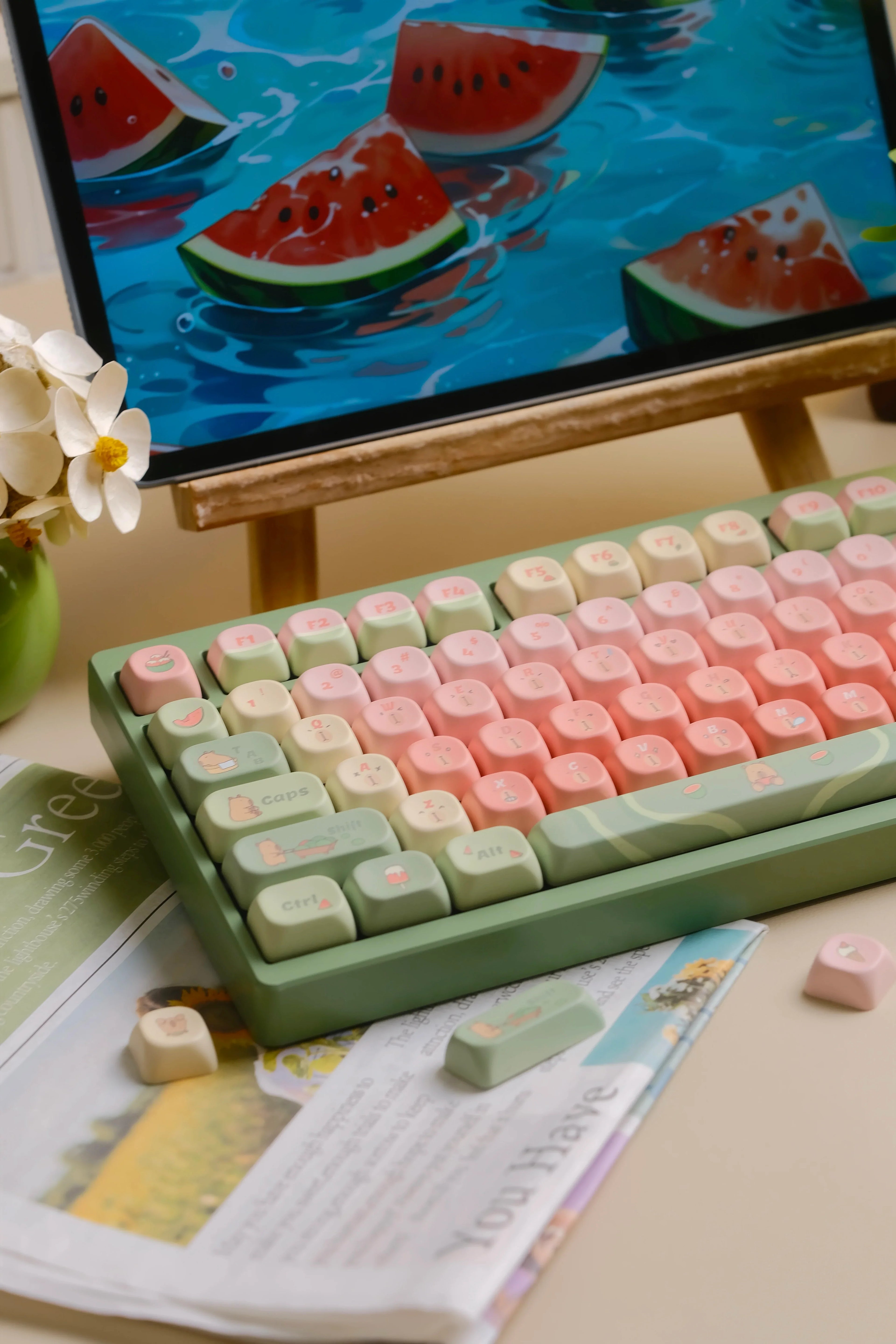 Capybara Watermelon MOA Profile Keycaps 131 Keys 5 Sides Dye Sub PBT Keycaps for Gateron Cherry MX Switches Mechanical Keyboards