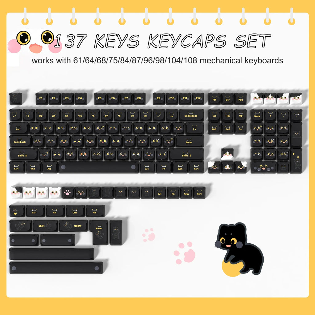 143 keys Coffee Cat  PBT Keycap 5 Sides DYE-SUB XDA Profile Customized Keycaps For Cherry MX Switch Gamer Mechanical Keyboards