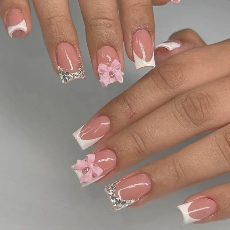 24pc Short Square Fake Nails with Kawaii 3D Pearl Bow Press on Hello Kitty False Nail French Tips Full Cover Acrylic Cute Nails