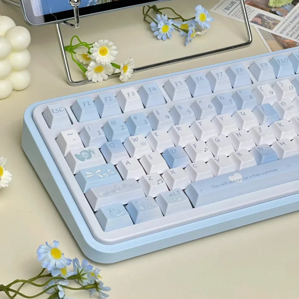 Blue Melody Keycap Set 132 Keys PBT Sublimation Cherry Profile Keycaps for DIY Mechanical Keyboard Small Fresh Summer Key Caps
