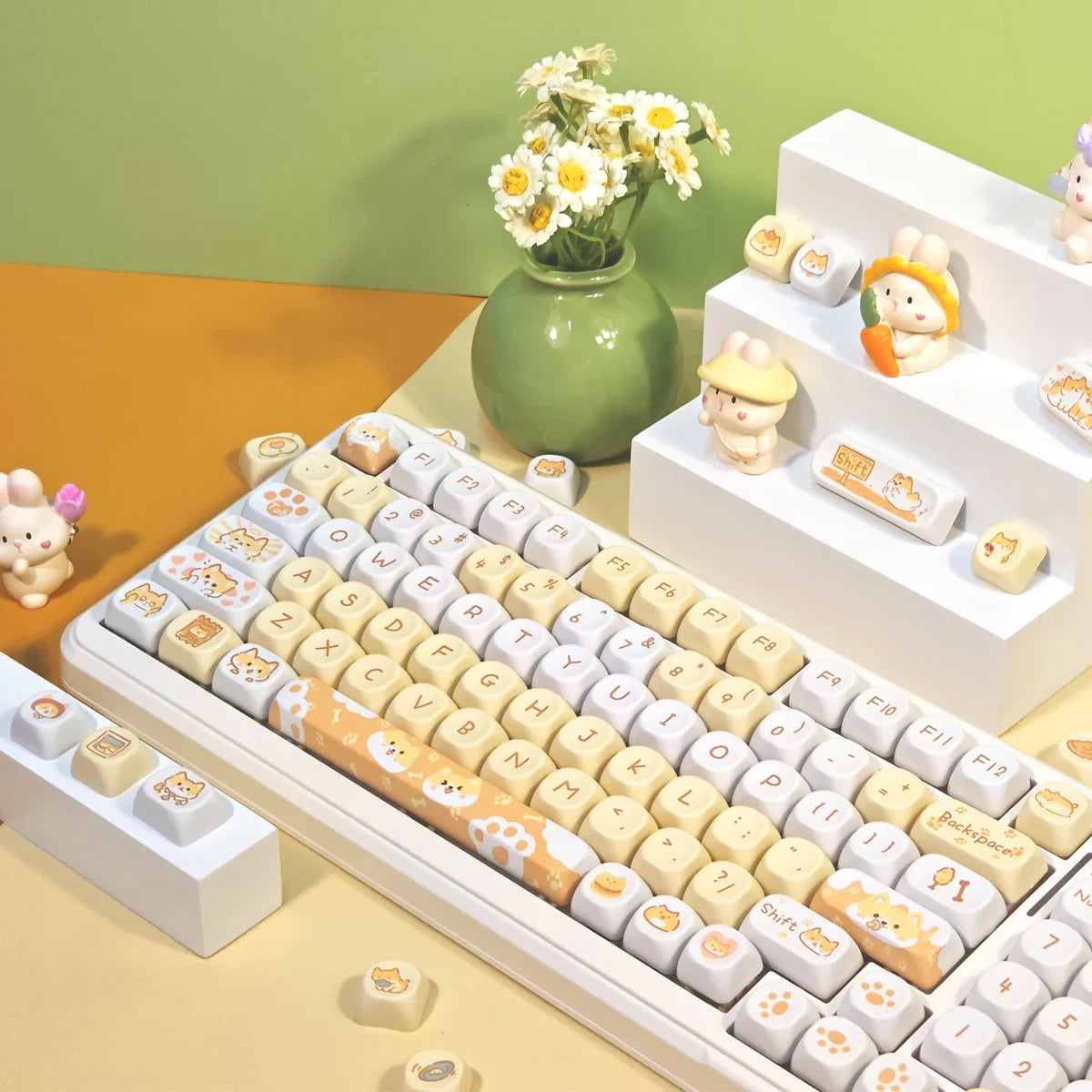 USLION 95Keys MOA Profile Keycaps Cute Samoye Dogs Theme PBT Key Caps Suit for 61/64/68/84/75/87 Keys Gaming Mechanical Keyboard
