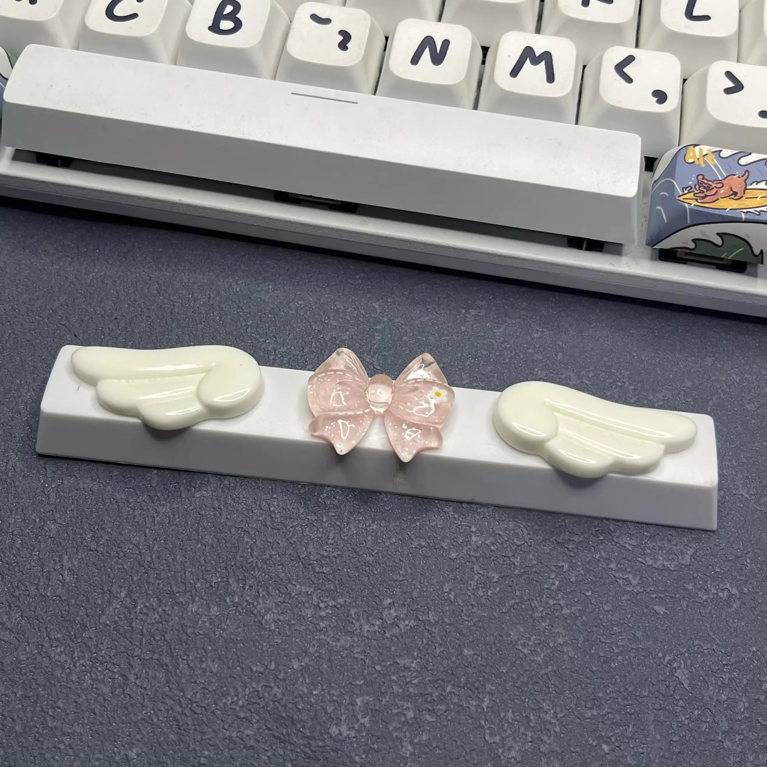 DIY Cute Wings Keycap 6.25u Spacebar Gaming Mechanical Keyboard Cross Axis Transparent Pink Bow Keycap