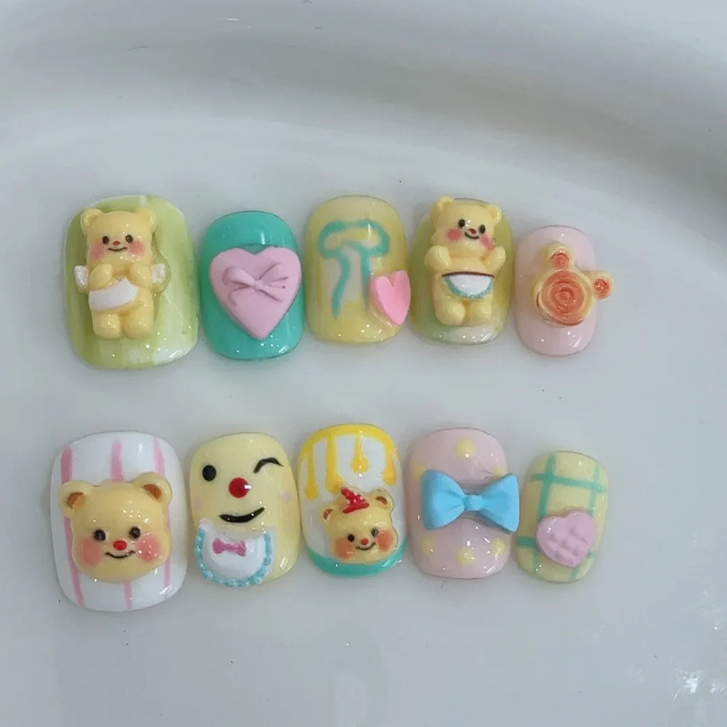 10Pcs Cute 3D Hello Kitty Kuromi Cartoon Handmade Nail Art Fashion Bow Luxury Diamond Detachable Full Cover Nails Holiday Gift