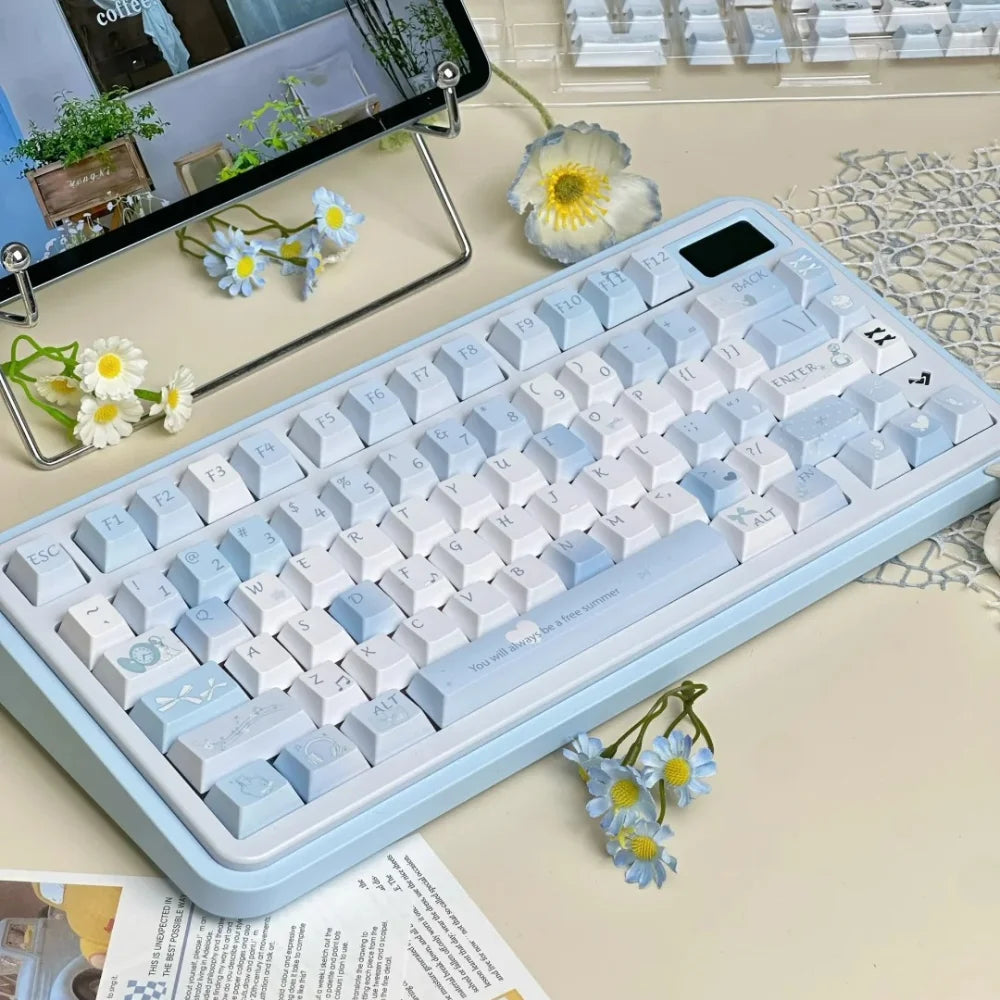 Blue Melody Keycap Set 132 Keys PBT Sublimation Cherry Profile Keycaps for DIY Mechanical Keyboard Small Fresh Summer Key Caps