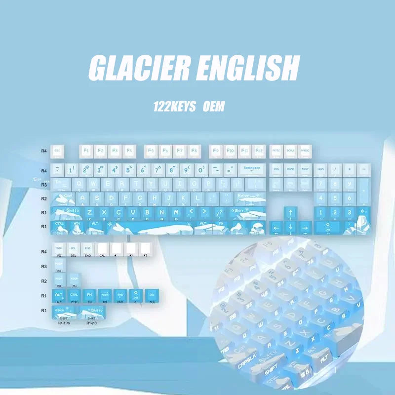 Korean Glacier Side-Engraved Translucent Keycaps OEM PBT Sublimation 122-Key DIY Fresh Gradient Blue White KR/korean Keycaps