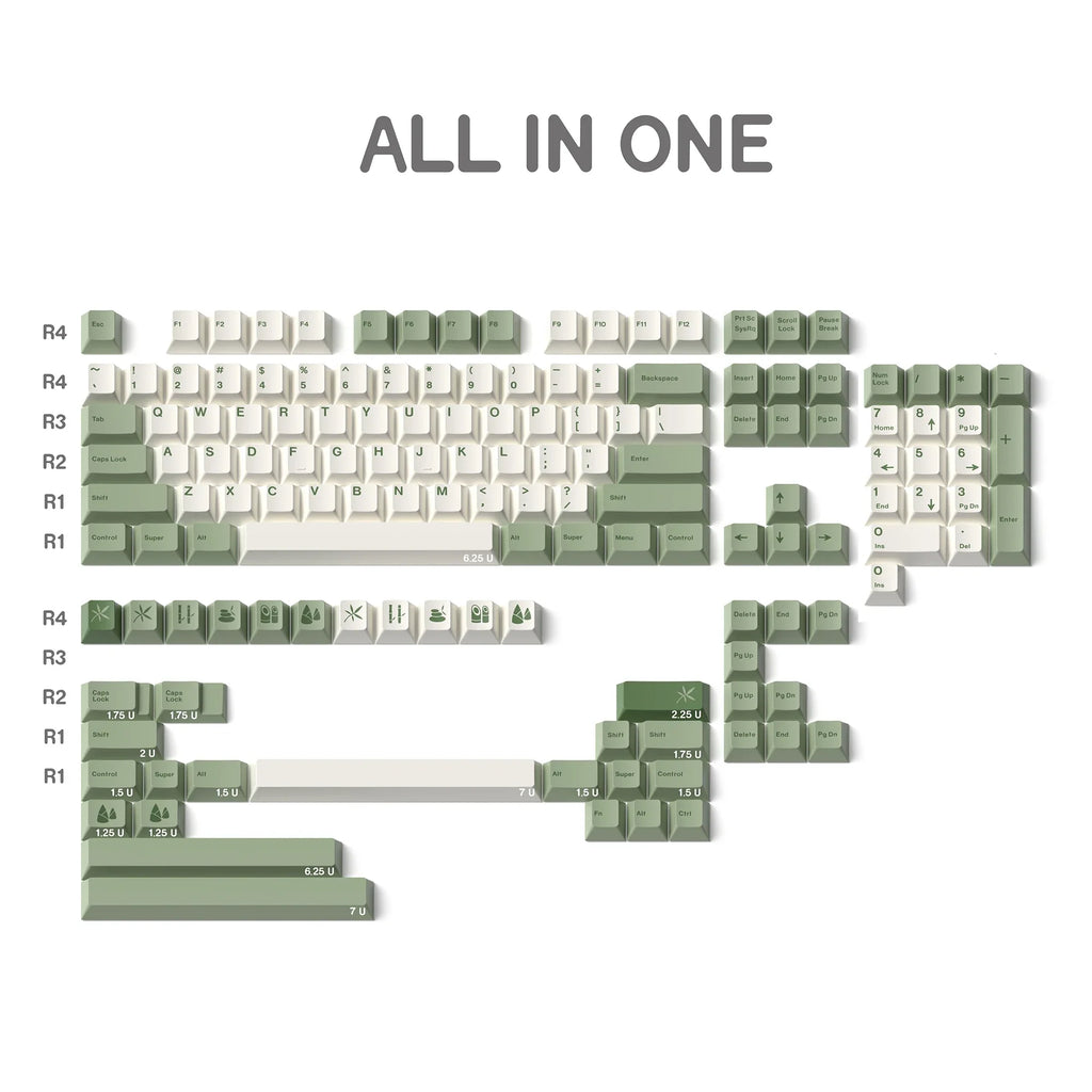 145 Keys Bamboo Forest Theme Keycaps Cherry Profile Green White Keycap PBT Dye Sublimation Keyboard Keycap MX Switch 6.25U 7U