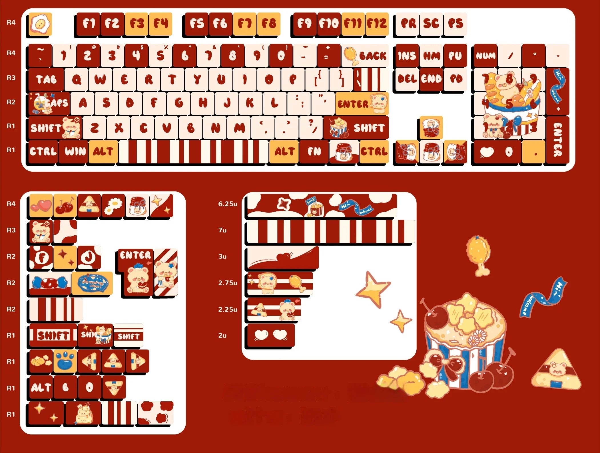 Gourmet Bear Theme Keycaps 125/141 Key Moa Height Five Sided Heat Sublimation Red Cartoon Story Mechanical Keyboard Keycaps