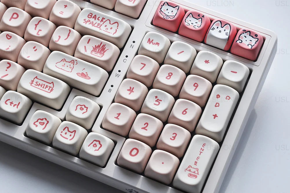 USLION 139Keys Keycaps Pink Meow Cat Theme MOA Profile PBT Kep Caps for 61/64/68/84/75/87/96/104 Keys Gaming Mechanical Keyborad
