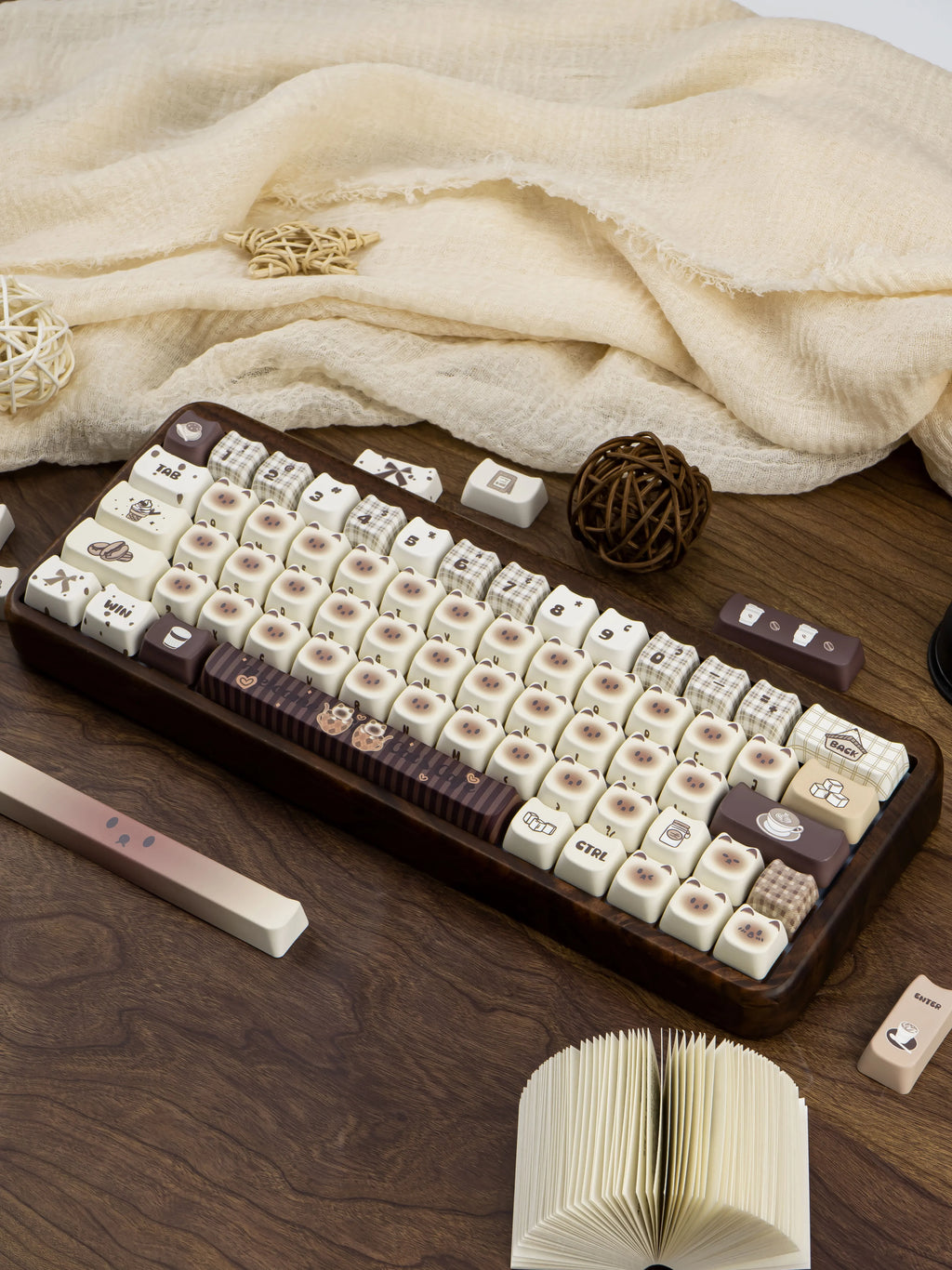 Siamese Cat Cafe Keycap Cherry MAO Profile Cute Cat Head PBT Keycaps Original White Brown Personalized Mechanical Keyboard Caps