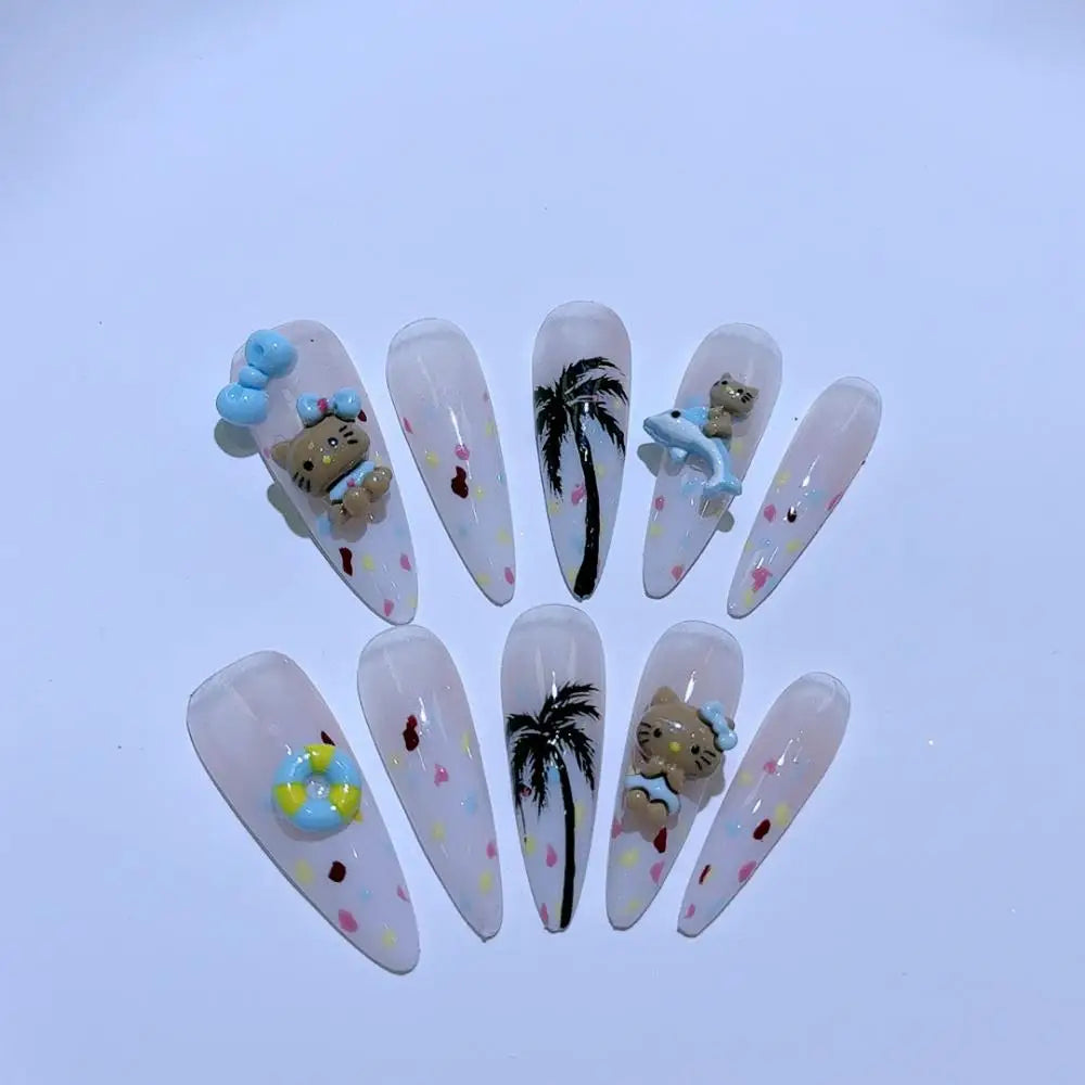 10Pcs Cute 3D Hello Kitty Kuromi Cartoon Handmade Nail Art Fashion Bow Luxury Diamond Detachable Full Cover Nails Holiday Gift
