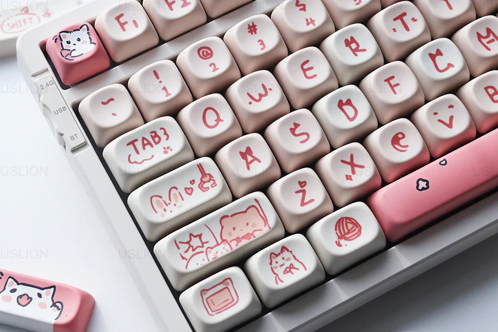 USLION 139Keys Keycaps Pink Meow Cat Theme MOA Profile PBT Kep Caps for 61/64/68/84/75/87/96/104 Keys Gaming Mechanical Keyborad