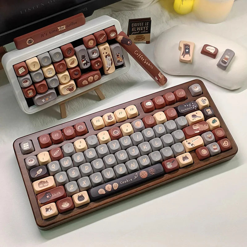 Cute Musk Cat Cafe Theme Keycaps Set PBT Cherry Profile MOA Custom Original Handmade Keycaps for Mechanical Keyboard Accessories