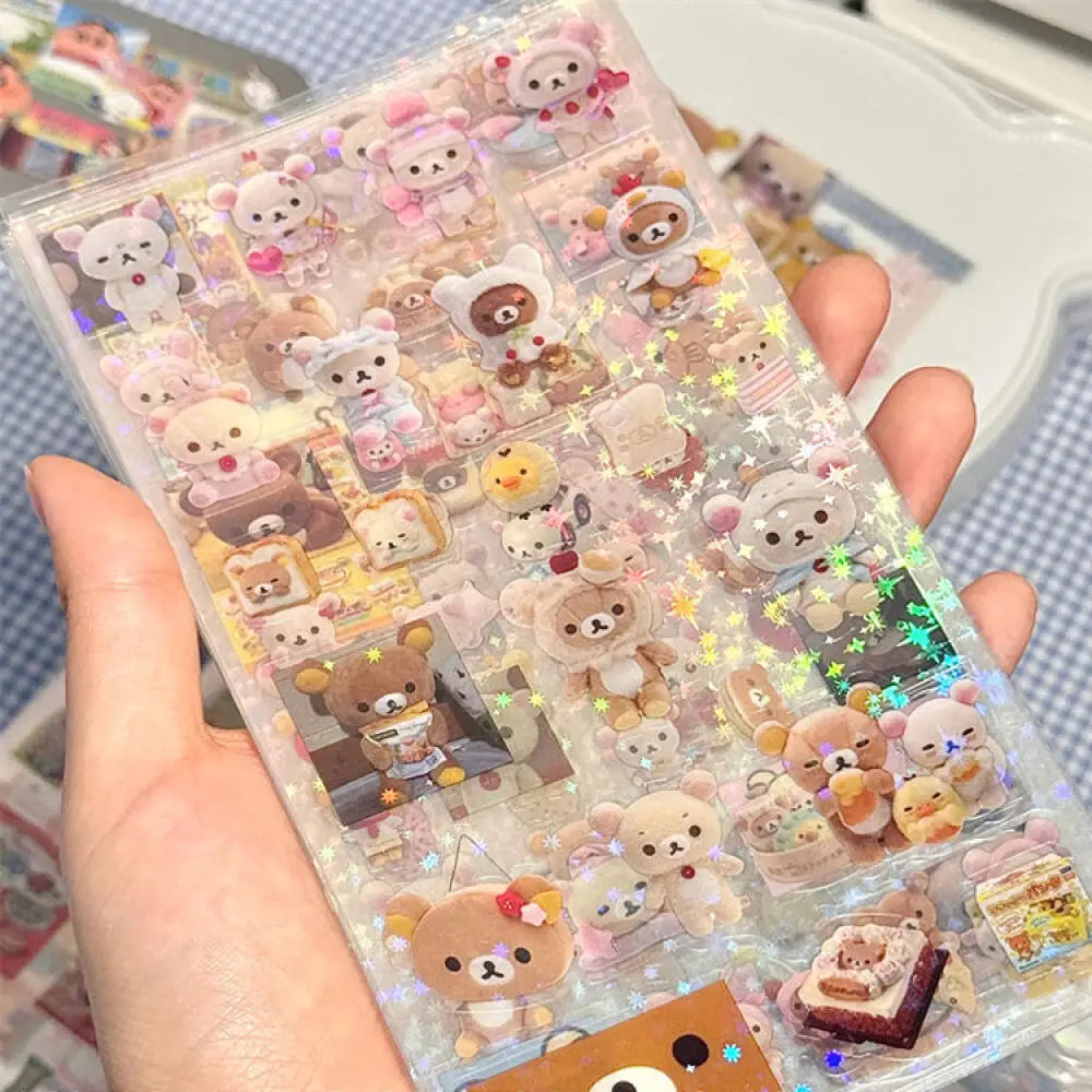 5pcs Hello Kitty Rilakkuma Cute Cartoon Die-cutting Sticker Kitty Cat Anime Handbooks Material Stickers Flashing Laser Stickers