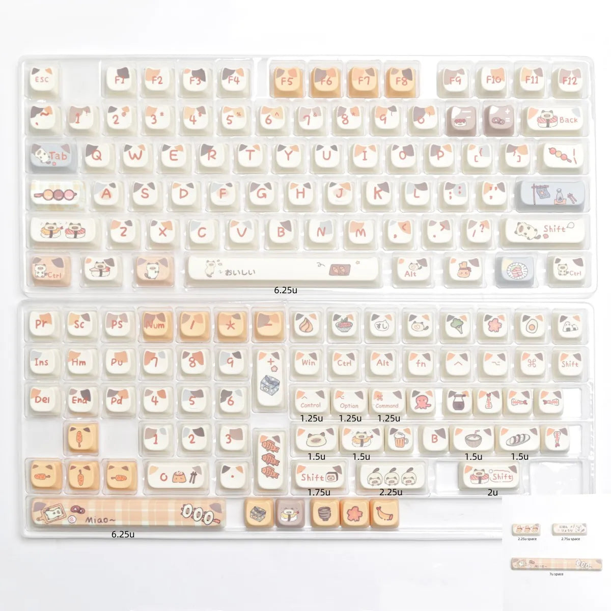 MAO Profile Sushi Cat PBT Dye Sub Keycaps Cute Set For Cherry Mx Switch Gaming Mechanical Keyboard GMK67 Keycap 6.25u 7u Space