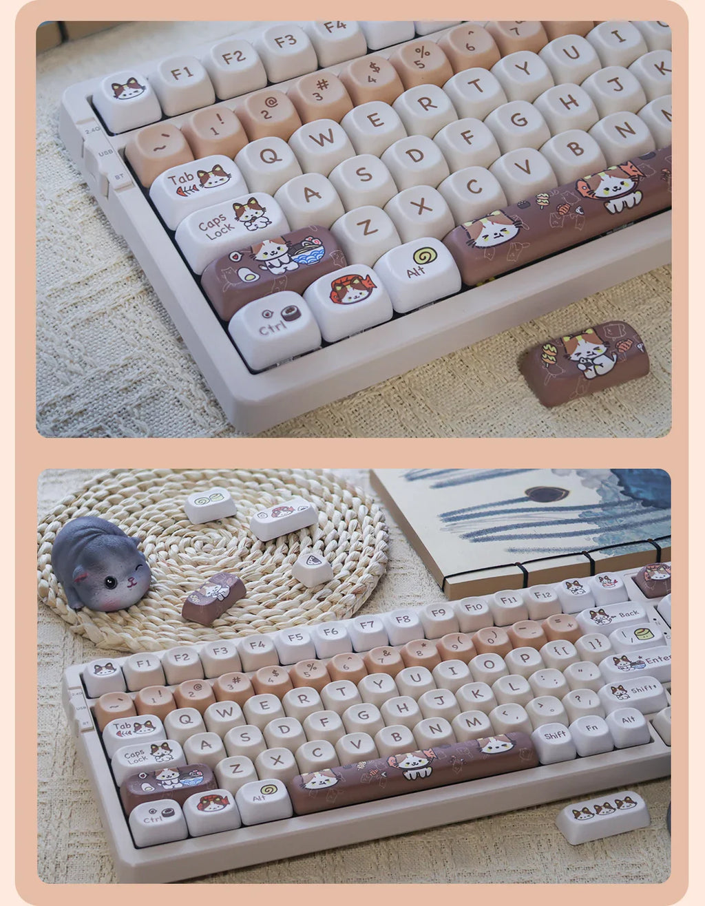 Cats Eat Japanese Food Keycaps Custom PBT MOA Profile Key Cap Cute Dye Sublimation Cartoon Anime Point Keycap Gaming Keyboard