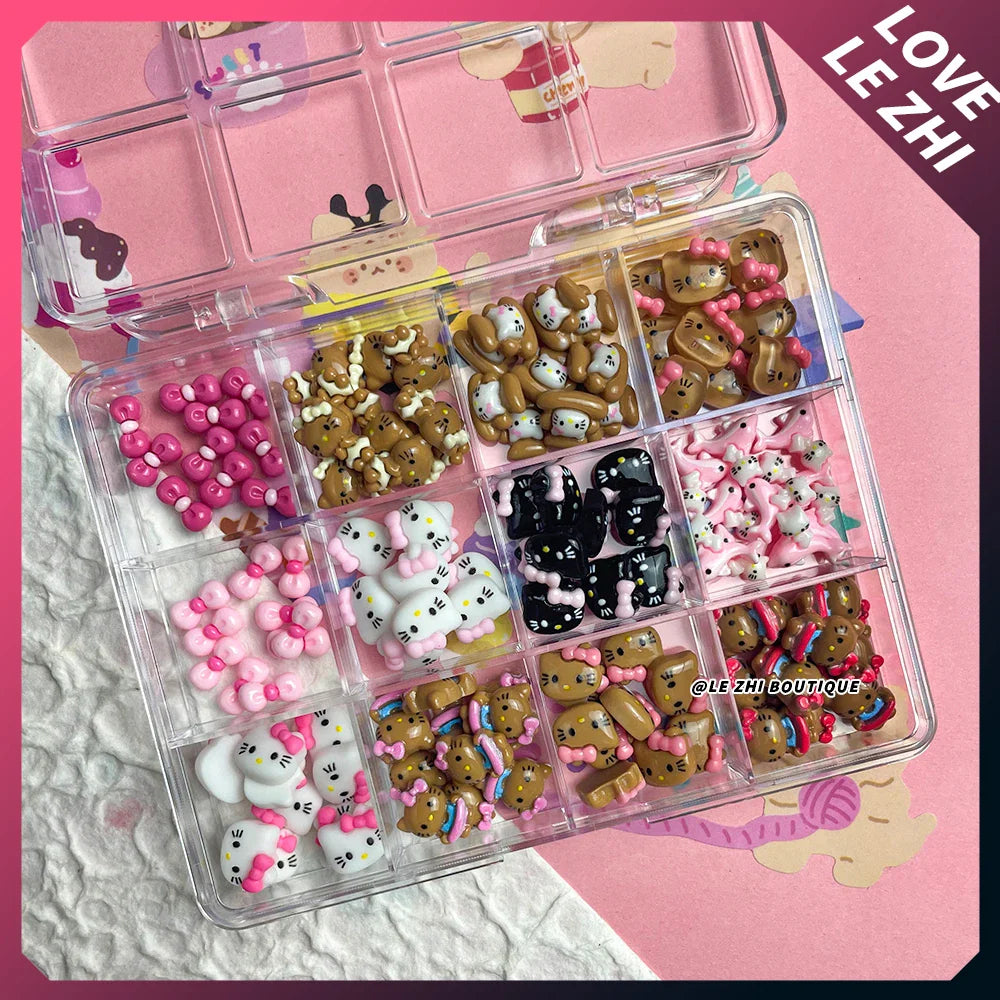 Boxed 120Pcs Kawaii Black Skin Sanrio Hello Kitty Nails Art Charms Accessories 3D Beach Bow Dolphin Resin Nails Decor Promotion