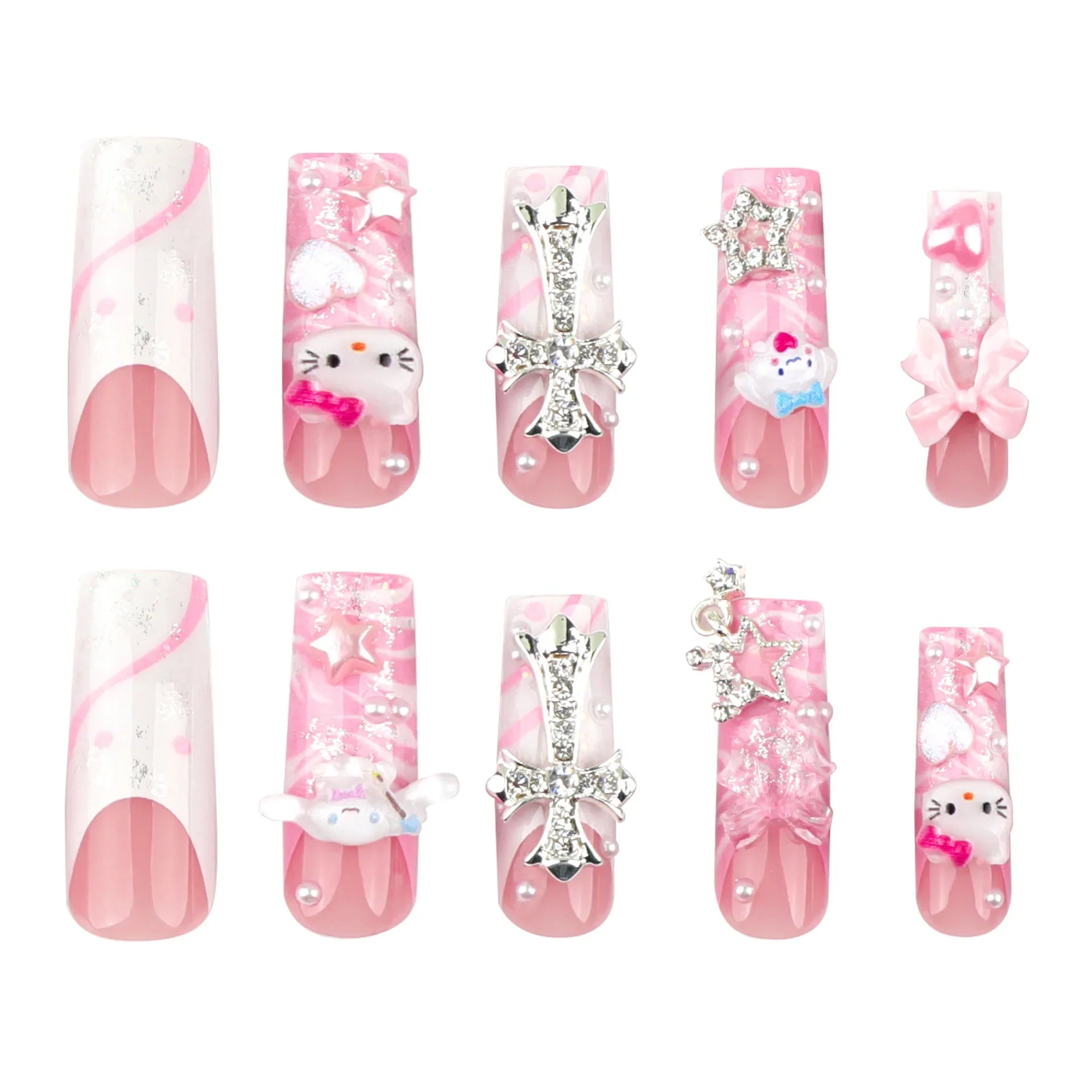 24pcs Light Pink Bowknots Press On Nails Y2k French Style Long Coffin False Nails With Cute Cartoon Metal Star Press On Nail