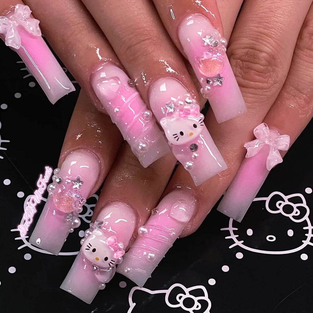 24pcs Light Pink Bowknots Press On Nails Y2k French Style Long Coffin False Nails With Cute Cartoon Metal Star Press On Nail