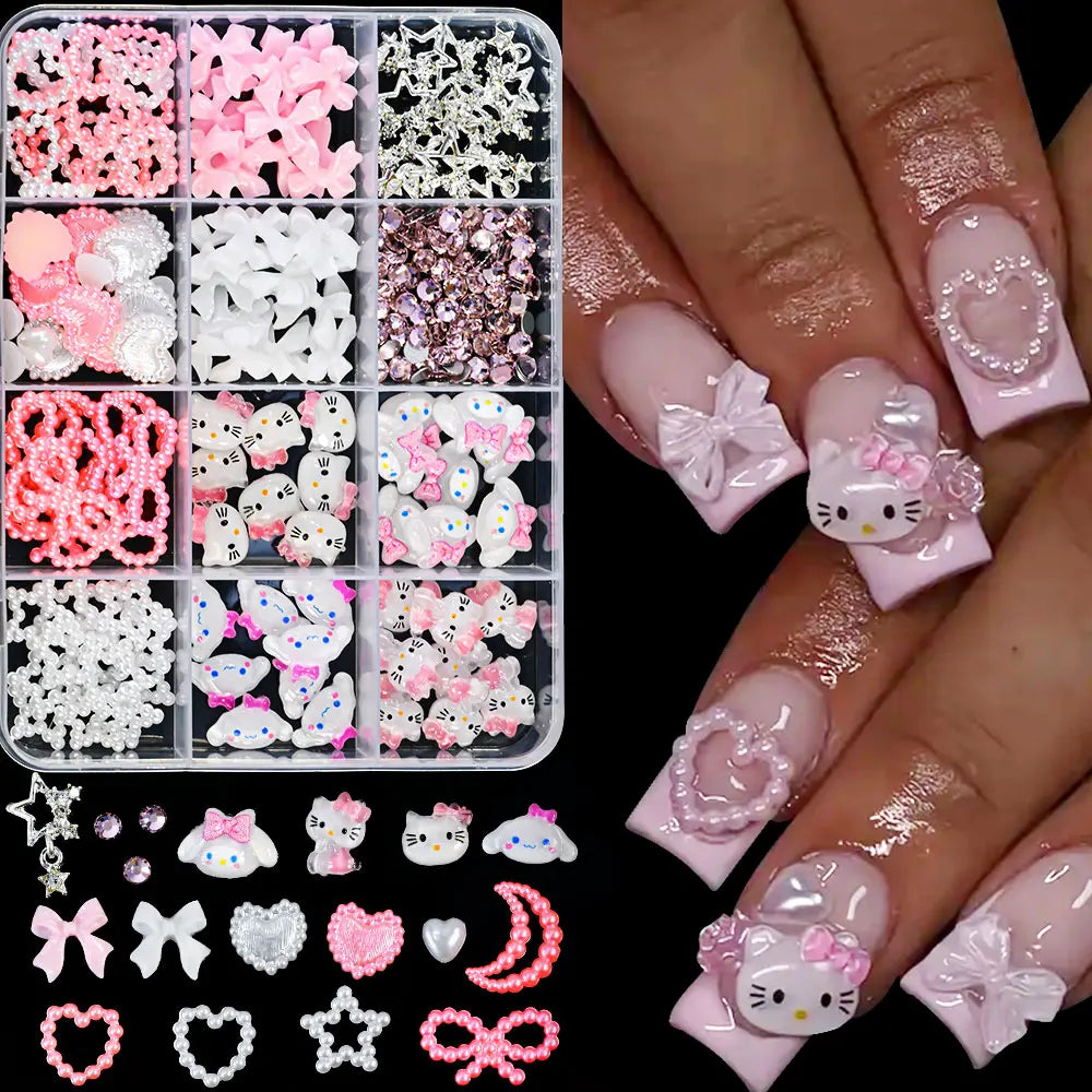 12Girds/Box Sanrioed Hello Kitty Nail Art Rhinestone Kawaii Kuromi Nail Charms Kit DIY Jewelry Decoration Manicure DIY Nail Part