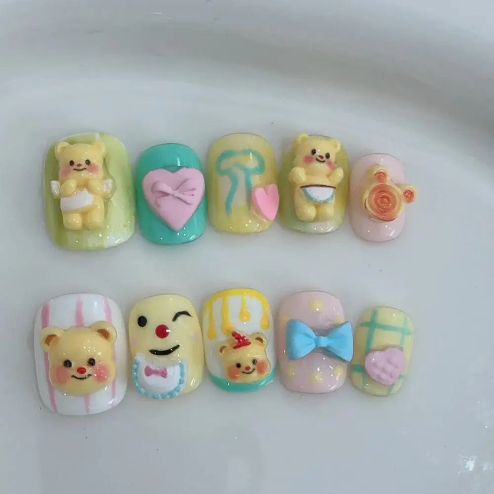 10Pcs Cute 3D Hello Kitty Kuromi Cartoon Handmade Nail Art Fashion Bow Luxury Diamond Detachable Full Cover Nails Holiday Gift