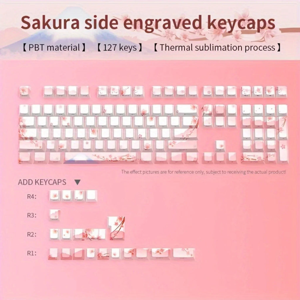 Cherry Blossom Pink Mechanical Keyboard Keycap 128 Keys, Cherry, Side Engraving, Illuminated PBT Material, Cute Girl