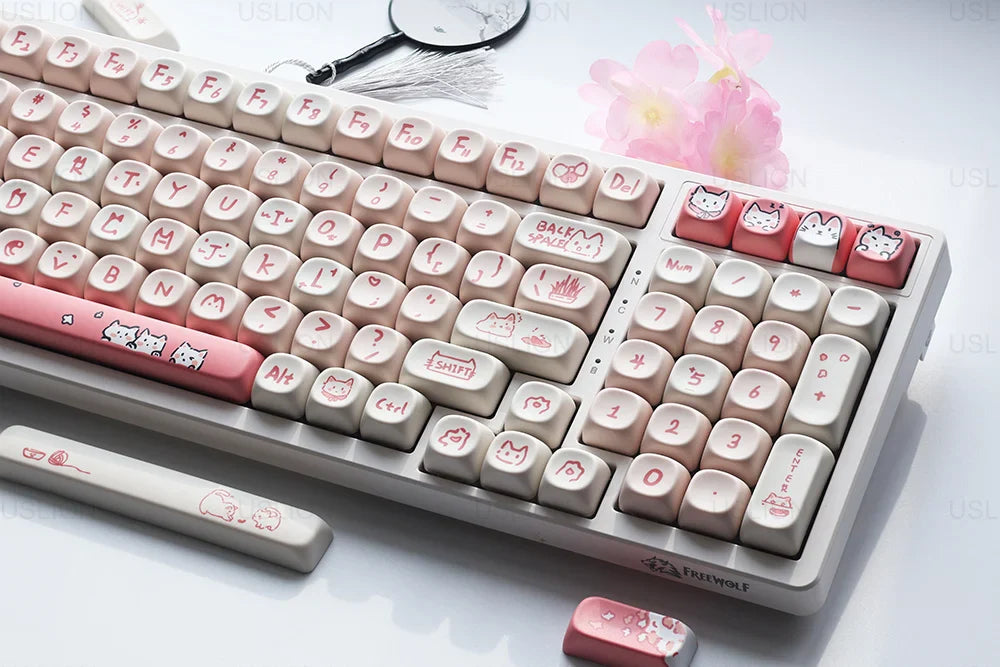 USLION 139Keys Keycaps Pink Meow Cat Theme MOA Profile PBT Kep Caps for 61/64/68/84/75/87/96/104 Keys Gaming Mechanical Keyborad
