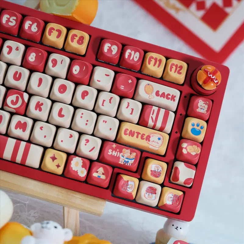 Gourmet Bear Theme Keycaps 125/141 Key Moa Height Five Sided Heat Sublimation Red Cartoon Story Mechanical Keyboard Keycaps