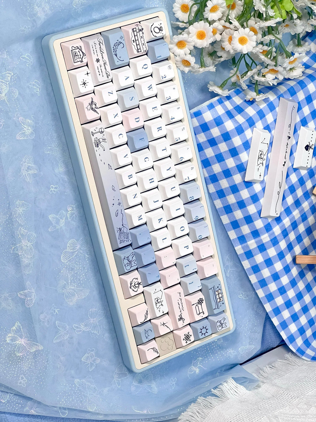 Gentle Snow Keycap Cherry Five-Sided Thermal Sublimation Process Pbt Material Blue White Cute Snowflake Small Full Set Of Keycap