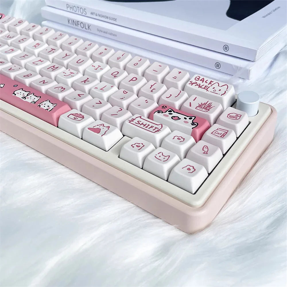 66/146 Keys MDA Profile Pink Cute Cat Keycaps For Gaming Mechanical Keyboard Mx Switch PBT Sublimation Customized DIY Key Caps