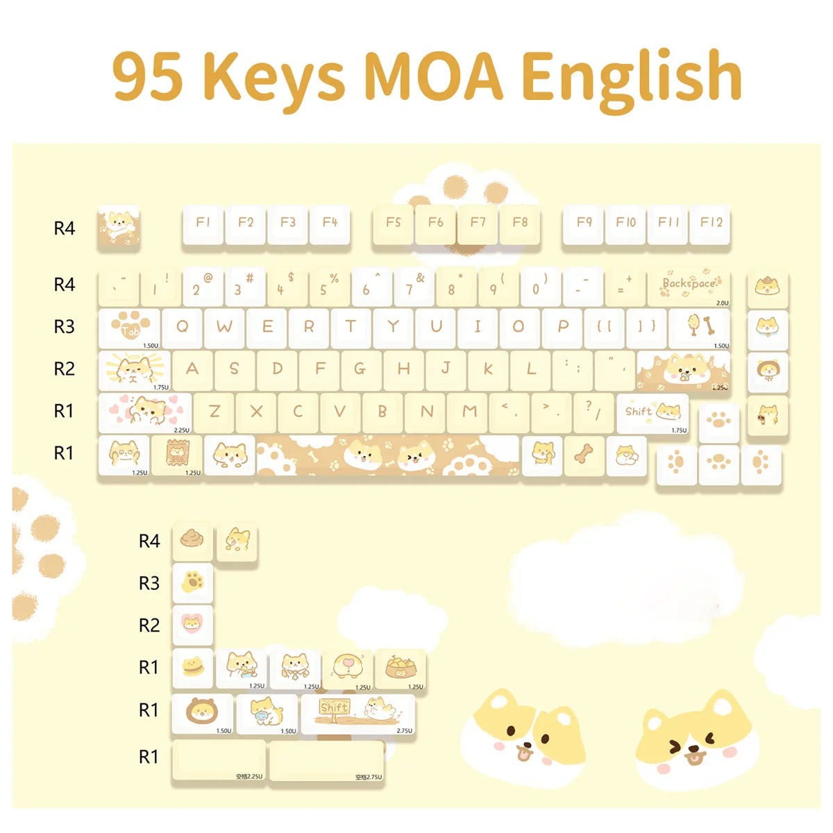USLION 95Keys MOA Profile Keycaps Cute Samoye Dogs Theme PBT Key Caps Suit for 61/64/68/84/75/87 Keys Gaming Mechanical Keyboard
