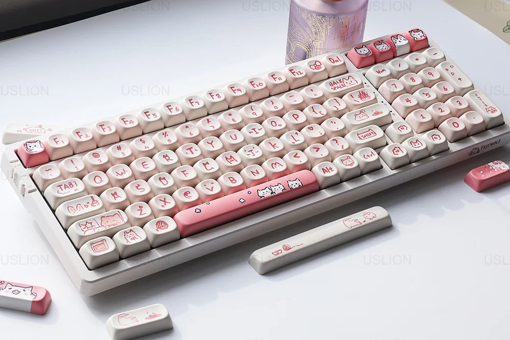 USLION 139Keys Keycaps Pink Meow Cat Theme MOA Profile PBT Kep Caps for 61/64/68/84/75/87/96/104 Keys Gaming Mechanical Keyborad