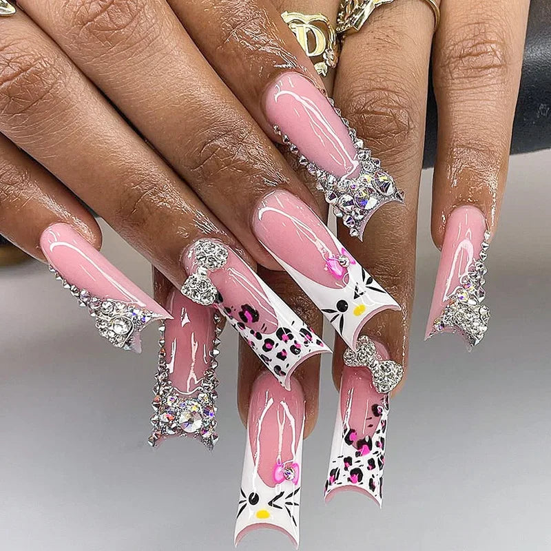 24pcs Light Pink Bowknots Press On Nails Y2k French Style Long Coffin False Nails With Cute Cartoon Metal Star Press On Nail