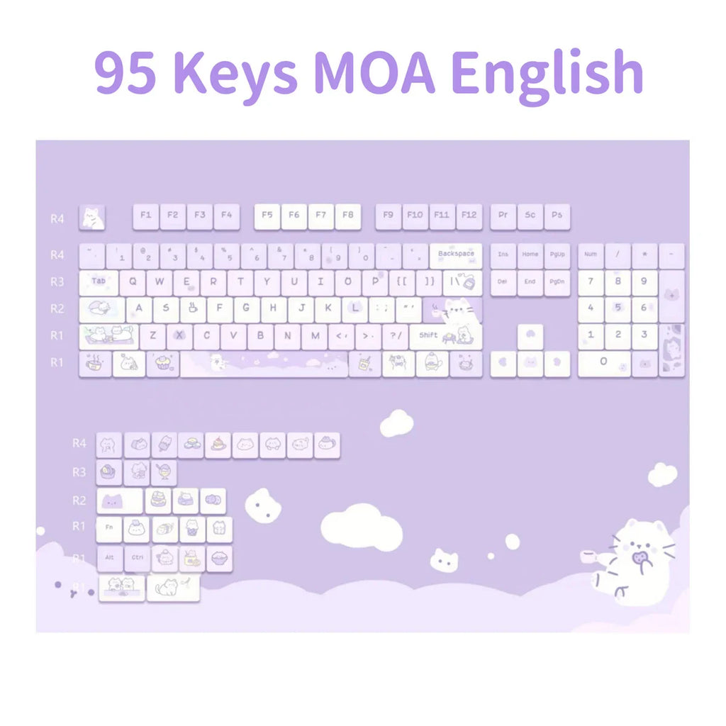 MOA Profile Keyboard Keycaps Custom PBT Cute Cartoon Purple Cat Keycap MX Switches 95 Keys/Set Blue Cute Key Cap for 64 61 87
