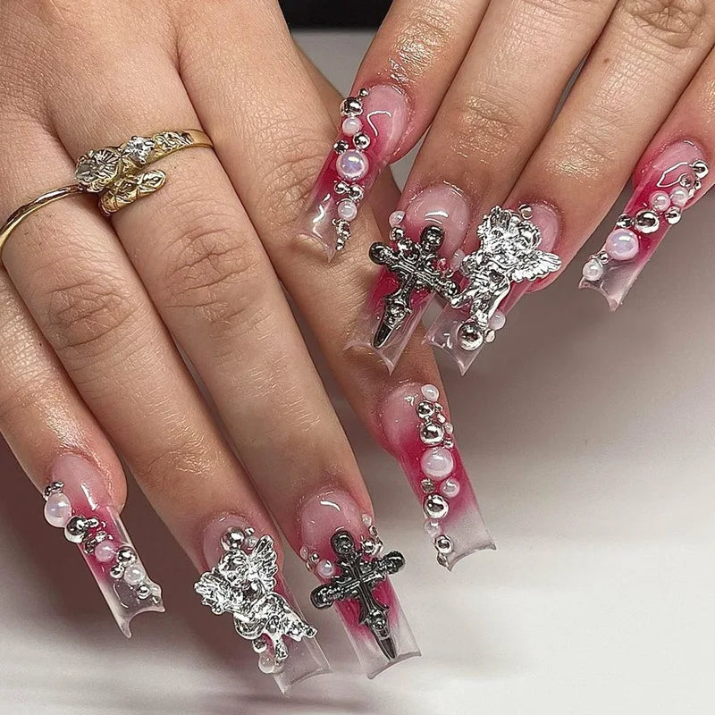 24pcs Light Pink Bowknots Press On Nails Y2k French Style Long Coffin False Nails With Cute Cartoon Metal Star Press On Nail