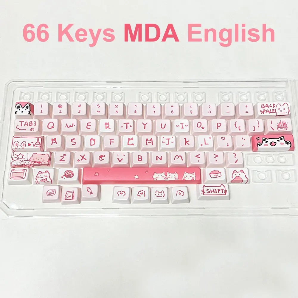 66/146 Keys MDA Profile Pink Cute Cat Keycaps For Gaming Mechanical Keyboard Mx Switch PBT Sublimation Customized DIY Key Caps