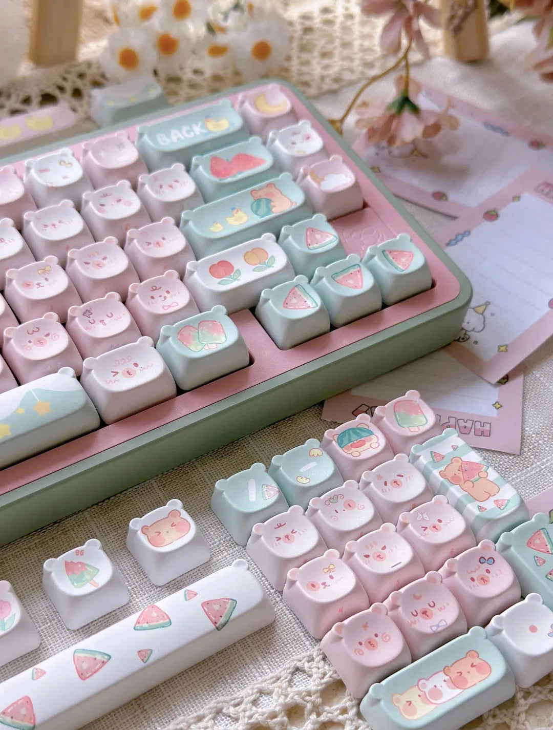 Cute Kawaii Bear Keycap EAO Pink Purple Expression Pbt For Diy Mechanical Keyboard Side Engraved Iso/Ansi Layout Cute Cat Keycap